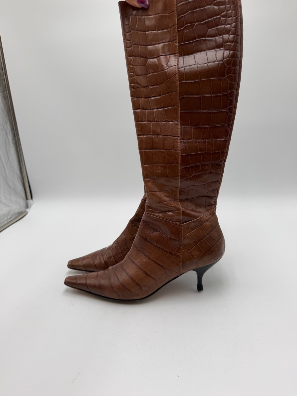 Vintage Made Italy Brown Croc Leather Knee High Boots 9 Pointed Toe Kitten Heel